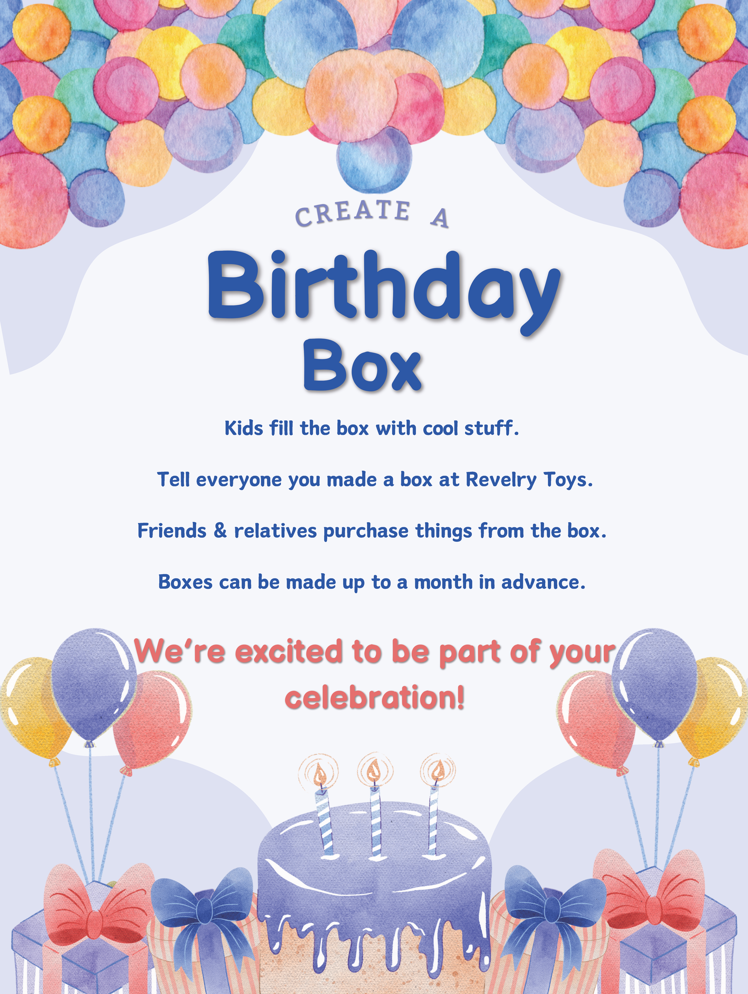 This image describes how to create a birthday box, which is also described in text on this page.