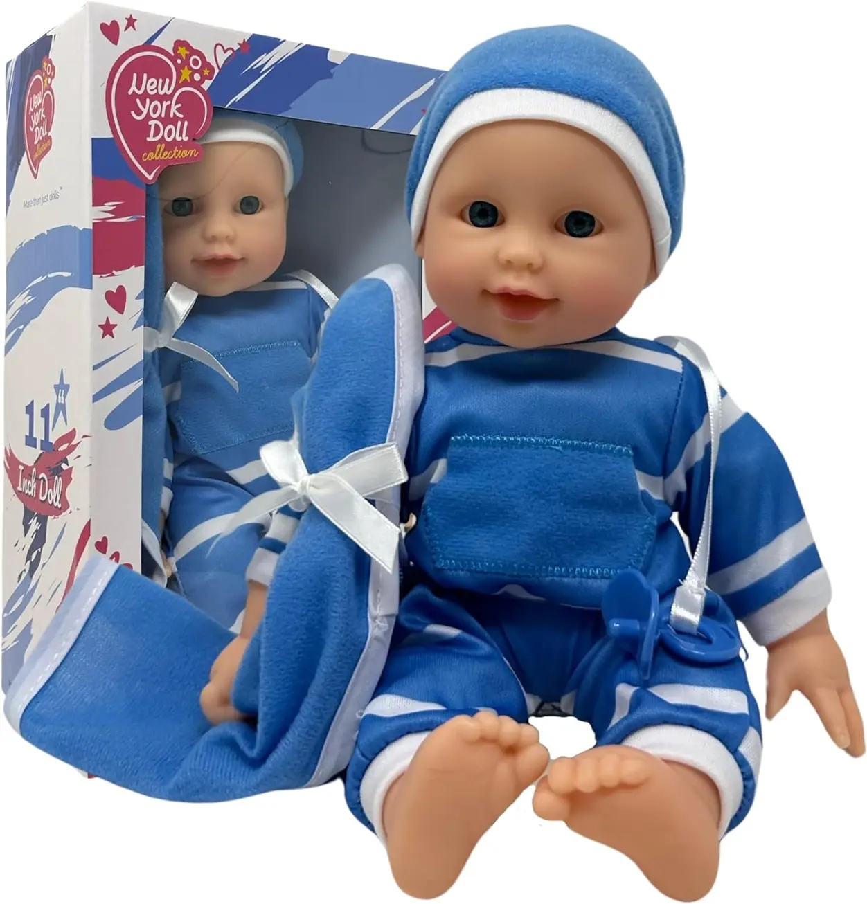 11" Baby Doll - Blue Striped Boy with Pacifier