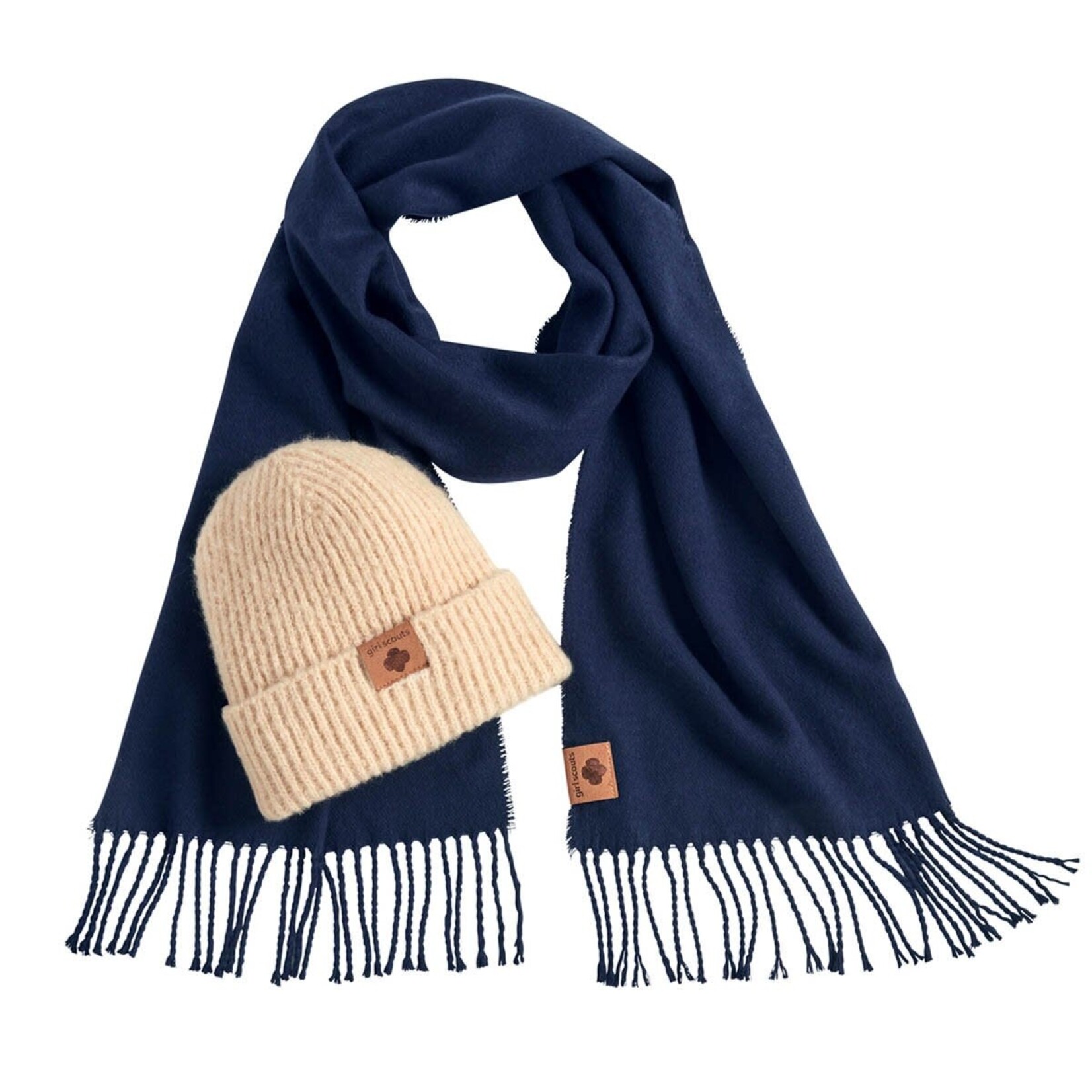 Girl Scout Merchandise Adult Cream Beanie And Navy Scarf Set