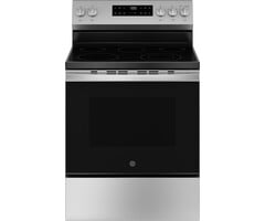 GE GE Crisp Mode 30-in Glass Top 5 Burners 5.3-cu ft Self-Cleaning Freestanding Electric Range (Stainless Steel)  MODEL# GRF500PVSS
