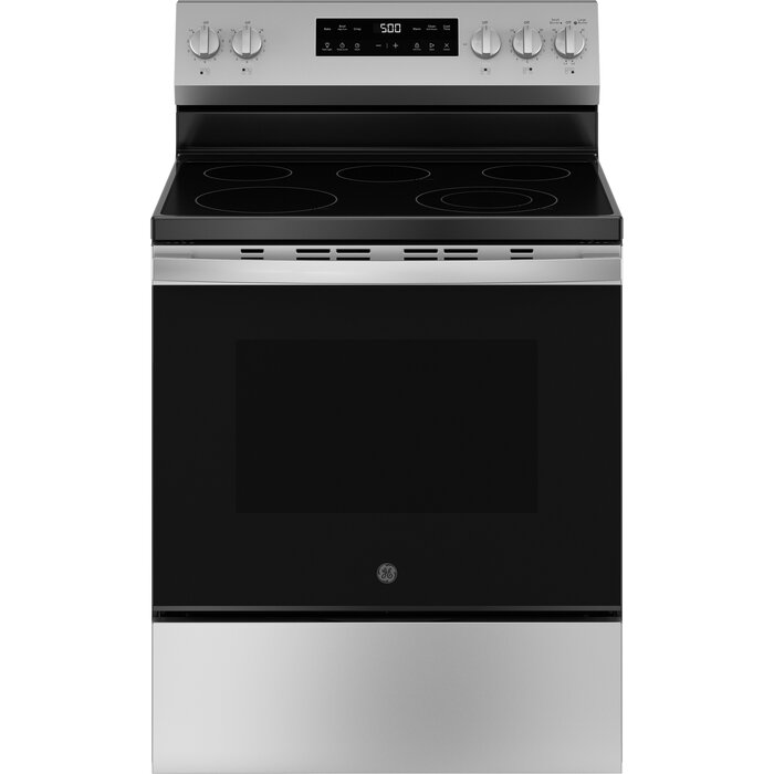 GE GE Crisp Mode 30-in Glass Top 5 Burners 5.3-cu ft Self-Cleaning Freestanding Electric Range (Stainless Steel) MODEL# GRF500PVSS