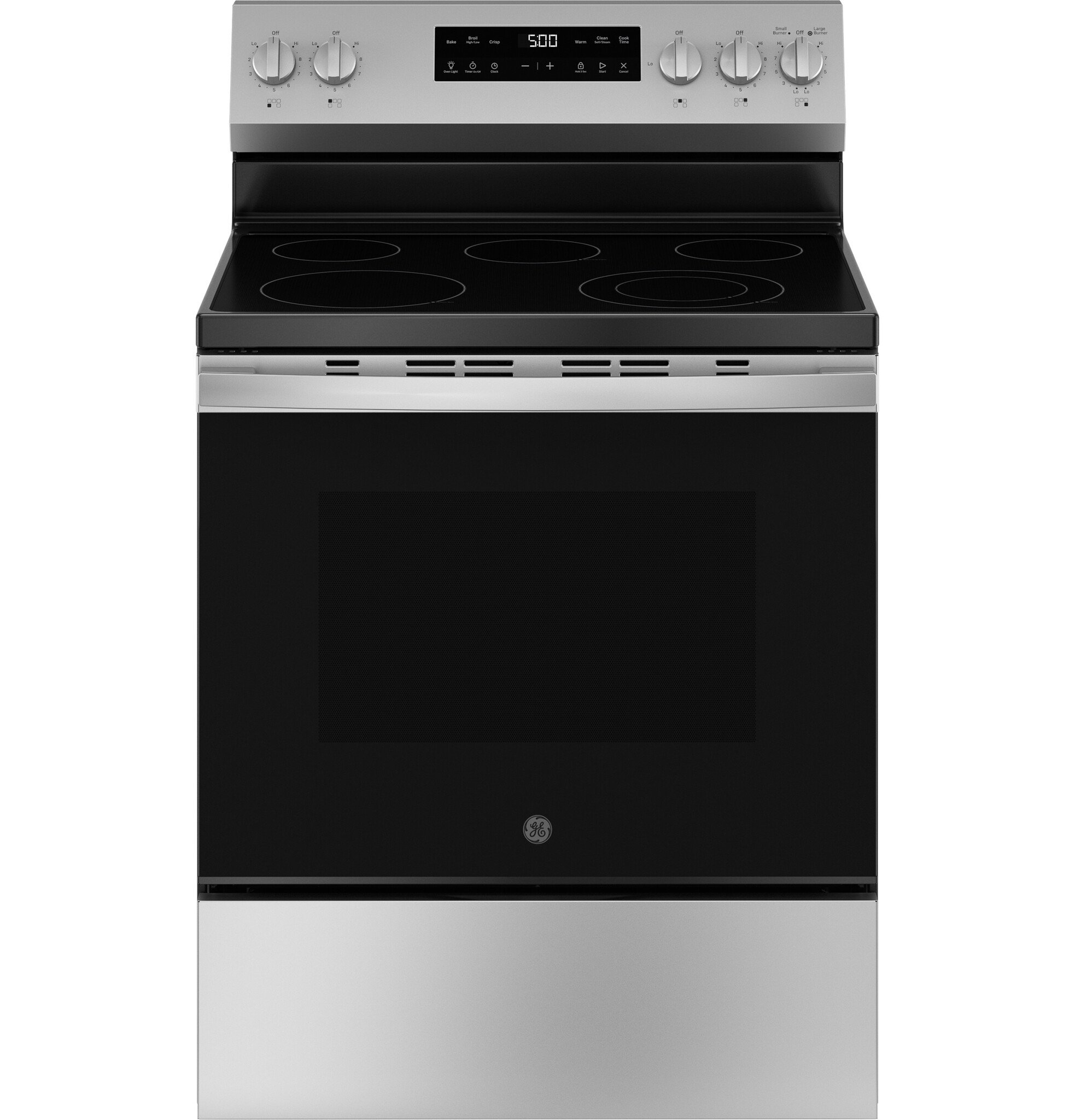 GE GE Crisp Mode 30-in Glass Top 5 Burners 5.3-cu ft Self-Cleaning Freestanding Electric Range (Stainless Steel) MODEL# GRF500PVSS