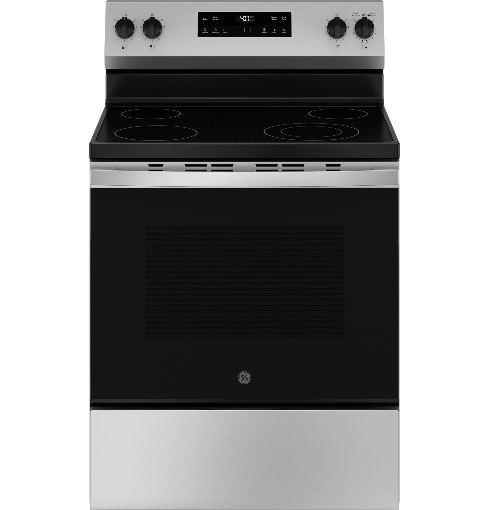 GE GE 30-in Glass Top 4 Burners 5.3-cu ft Steam Cleaning Freestanding Electric Range (Stainless Steel) MODEL# GRF400SVSS Stock# 9013-08
