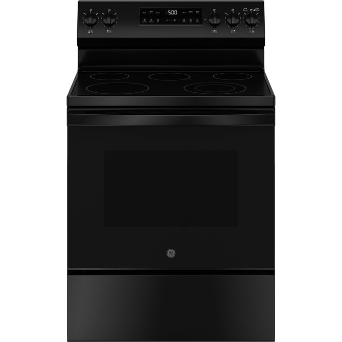 GE GE Crisp Mode 30-in Glass Top 5 Burners 5.3-cu ft Self & Steam Cleaning Freestanding Electric Range (Black) MODEL# GRF500PVBB