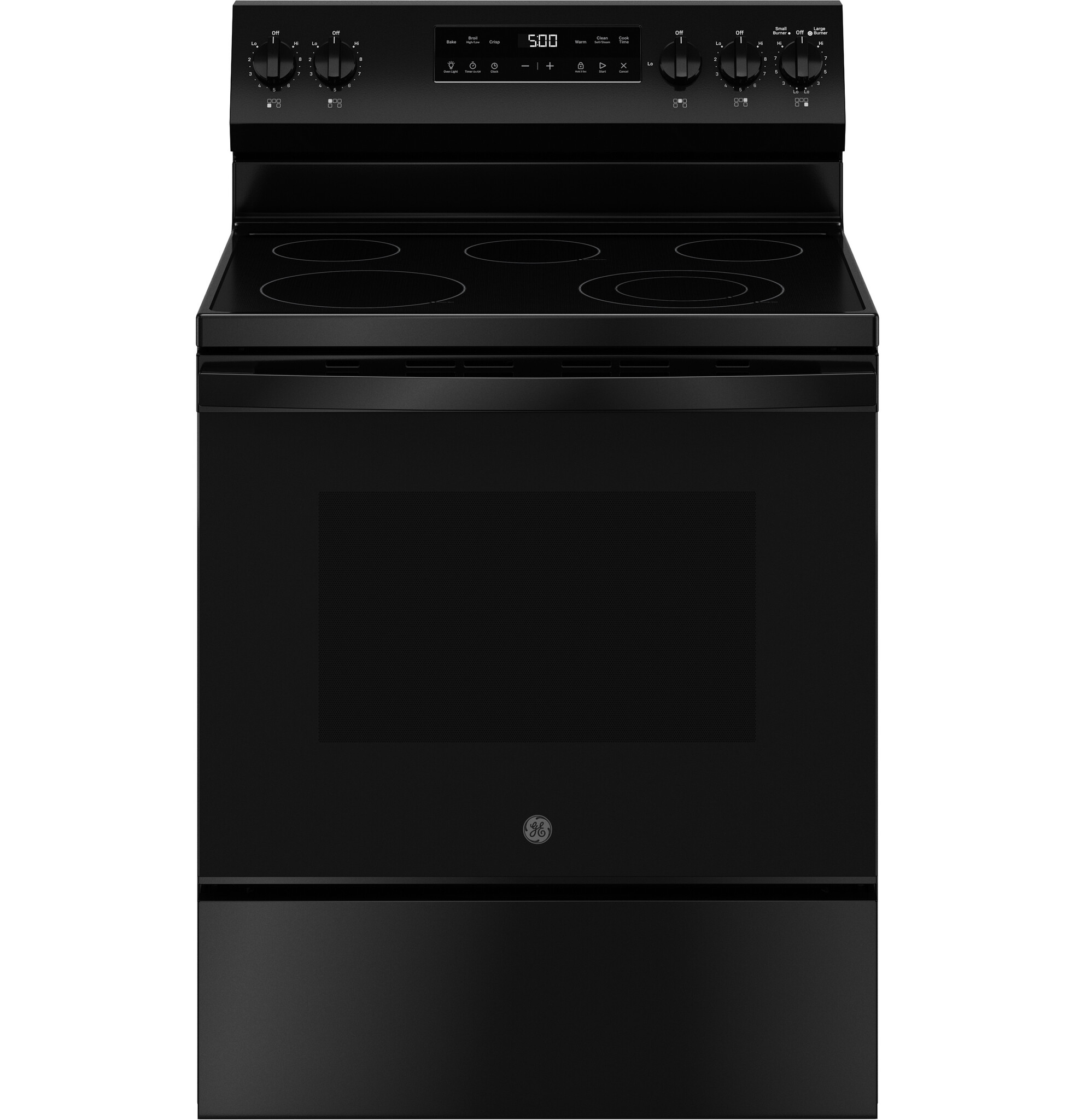 GE GE Crisp Mode 30-in Glass Top 5 Burners 5.3-cu ft Self & Steam Cleaning Freestanding Electric Range (Black) MODEL# GRF500PVBB