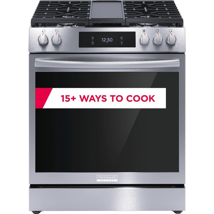 FRIGIDAIRE GALLERY Frigidaire Gallery 30 in. 6 cu. ft. 5 Burner Slide-In Gas Range with Total Convection and Air Fry in Smudge Proof Stainless Steel  MODEL# GCFG3060BF