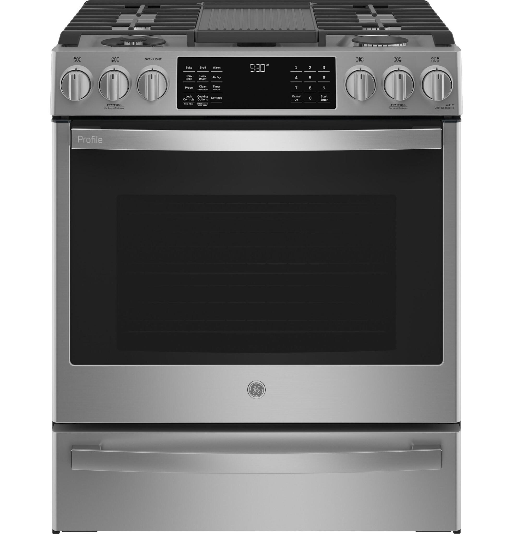 GE GE 30-in 5 Burners 5.6-cu ft Self & Steam Cleaning Air Fry Convection Oven Slide-in Smart Natural Gas Range (Fingerprint-resistant Stainless Steel) MODEL# PGS930YPFS Stock# 8010-48