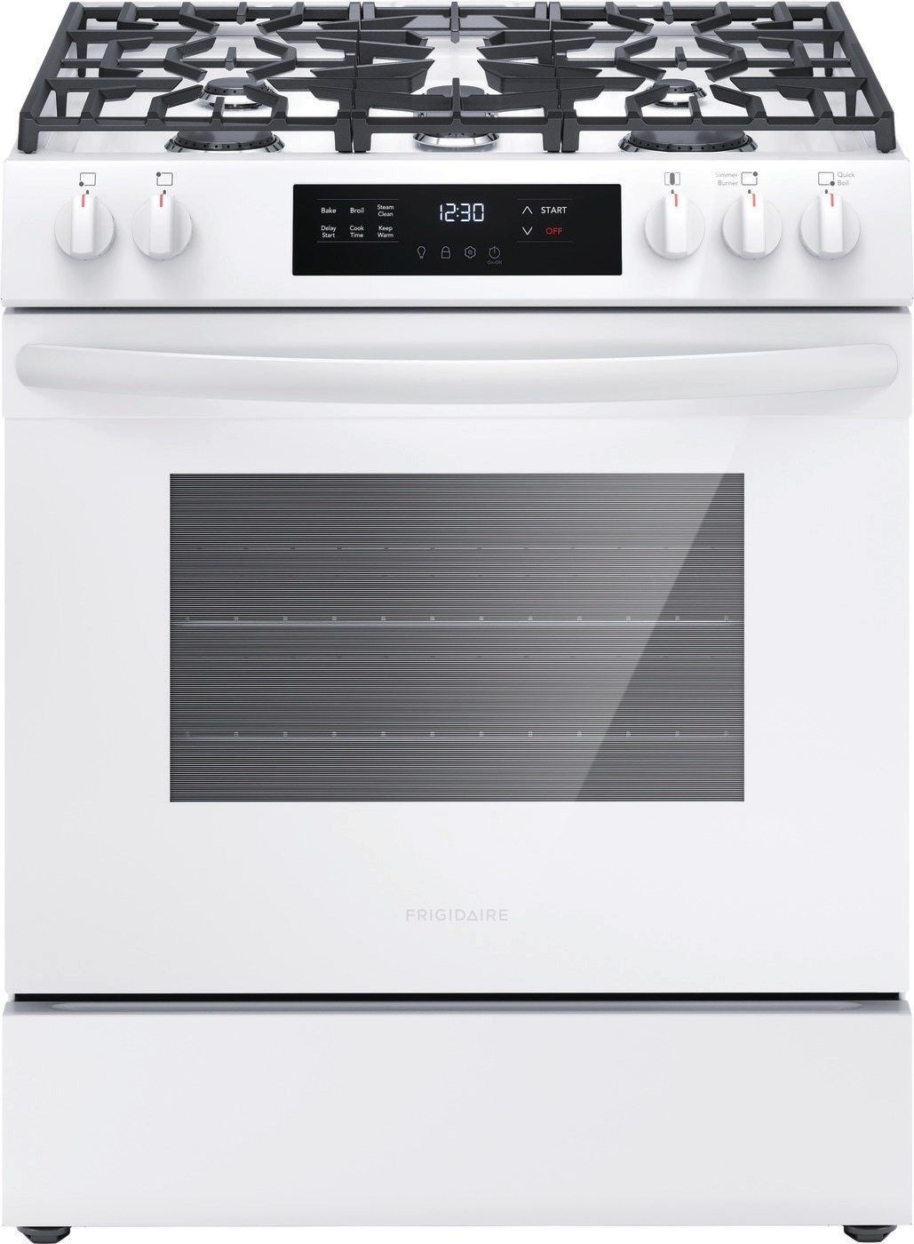 Frigidiare FRIGIDAIRE 30-in 5 Burners 5.1-cu ft Steam Cleaning Slide-in Natural Gas Range (White) MODEL# FCFG3062AW