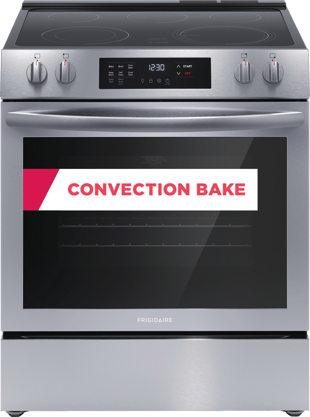 Frigidiare Frigidaire 30-in Glass Top 5 Burners 5.3-cu ft Self-Cleaning Convection Oven Slide-in Electric Range (Stainless Steel) MODEL# FCFE3083AS