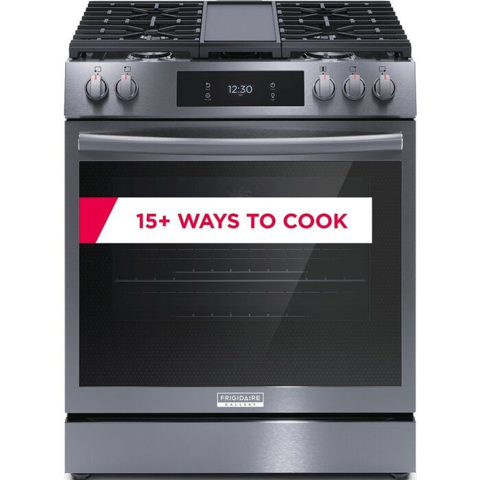 FRIGIDAIRE GALLERY FRIGIDAIRE  Gallery 30-in 5 Burners 6-cu ft Self & Steam Cleaning Air Fry Convection Oven Slide-in Natural Gas Range (Smudge-proof Black Stainless Steel)  MODEL# GCFG3060BD