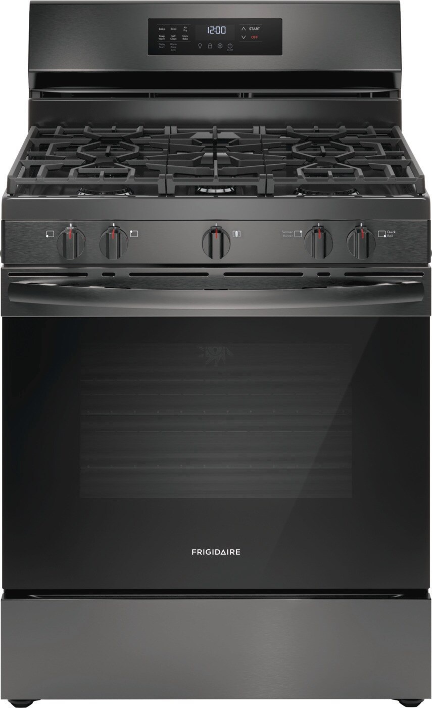 Frigidiare FRIGIDAIRE 30-in 5 burners 5.1-cu ft Air Fry Convection Oven Freestanding Natural Gas Range ( Black Stainless Steel ) MODEL# FCRG3083AD