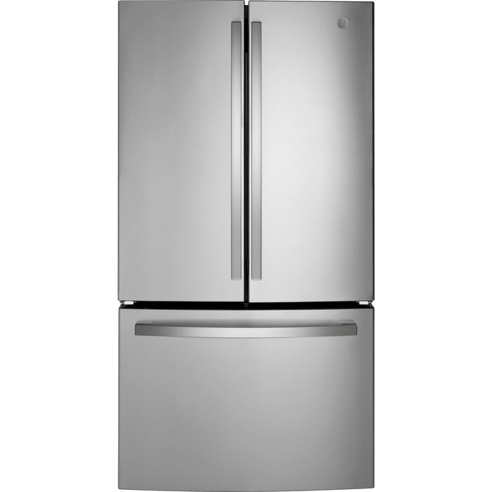 GE GE Standard-Depth 27-Cu. Feet 3 -Door French Door Refrigerator with Ice Maker with water dispenser ( Fingerprint-resistant Stainless Steel ) ENERGY STAR Certified  MODEL# GNE27JYMFS