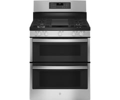 GE GE 30-in 5 Burners 4.3-cu ft / 2.5-cu ft Air Fry Convection Oven Freestanding Natural Gas Double Oven Gas Range (Stainless Steel)  MODEL# JGBS86SPSS