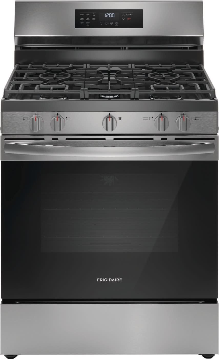 Frigidiare FRIGIDAIRE 30-in 5 Burners 5.1-cu ft Self-cleaning Air Fry Freestanding Natural Gas Range (Stainless Steel) MODEL# FCRG3083AS