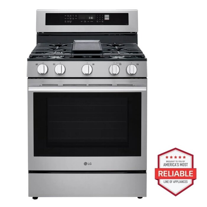 LG LG 6.3 cu. ft. Smart True Convection InstaView Gas Range Single Oven with Air Fry in Printproof Stainless Steel Model# LRGN6325X