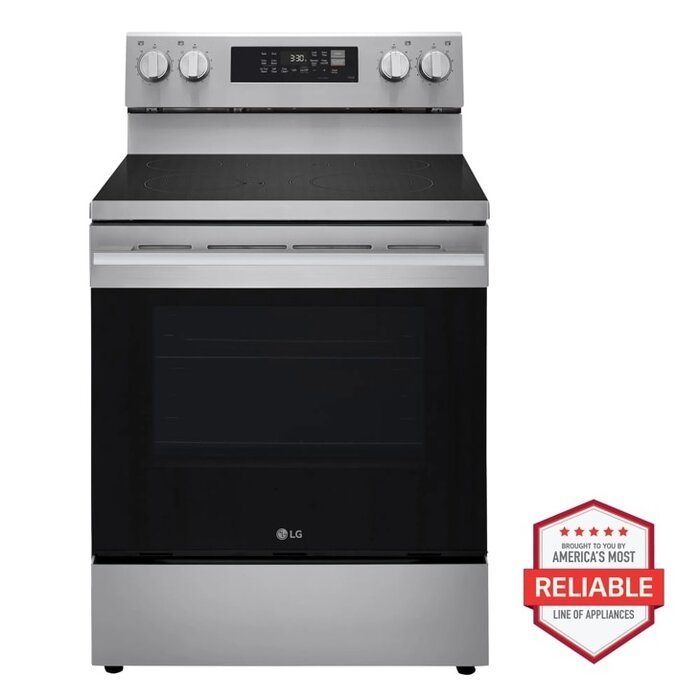 LG LG 30-in Glass Top 5 burners 6.3-cu ft Air Fry Convection Oven Freestanding Electric Range with WipeClean Coating ( Stainless Steel ) Model# LREN6323YE