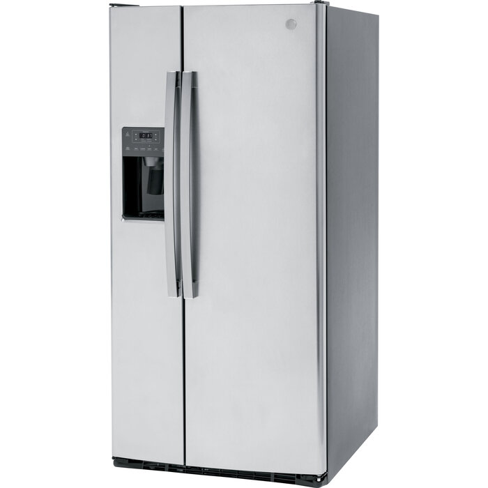 GE GE 23-cu ft Standard-Depth 33-in Wide Side-by-Side Refrigerator with Ice Maker ,Water and Ice Dispenser ( Fingerprint Resistant Stainless Steel ) Model# GSS23GYPFS
