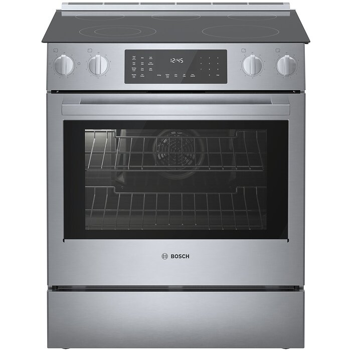 BOSCH Bosch 800 Series 30-in Glass Top 5 burners 4.6-cu ft Convection Oven Slide-In Electric Range with WipeClean Coating ( Stainless Steel ) Model# HEI8056U