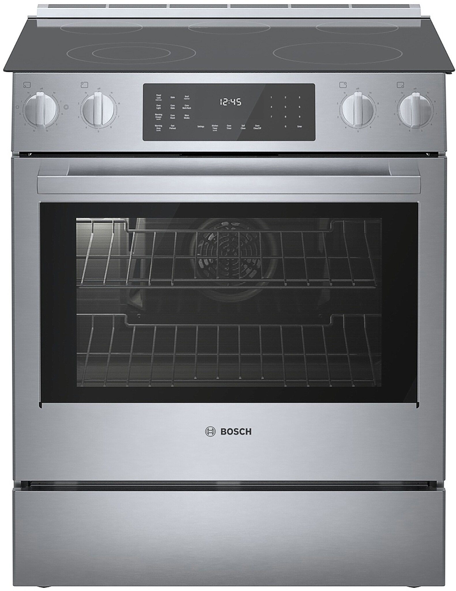 BOSCH Bosch 800 Series 30-in Glass Top 5 burners 4.6-cu ft Convection Oven Slide-In Electric Range with WipeClean Coating ( Stainless Steel ) Model# HEI8056U
