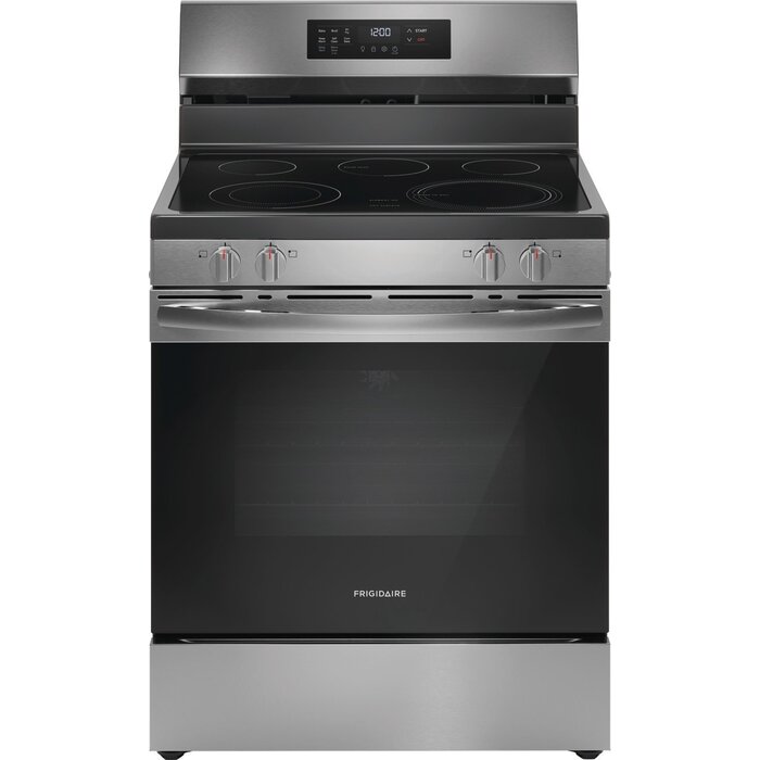Frigidiare FRIGIDAIRE 30-in Glass Top 5 Burners 5.3-cu ft Self-Cleaning Air Fry Convection Oven Freestanding Electric Range (Stainless Steel)  MODEL# FCRE3083AS