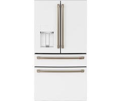 GE Cafe GE Cafe Standard-Depth 27.8-cu ft 4 -Door 36-in Wide Smart Compatible French Door Refrigerator with Ice Maker with Water and Ice Dispenser ( Matte White with Brushed Bronze Handles ) ENERGY STAR Certified Model# CVE28DP4NW2