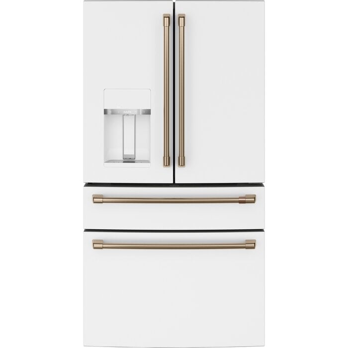GE Cafe GE Cafe Standard-Depth 27.8-cu ft 4 -Door 36-in Wide Smart Compatible French Door Refrigerator with Ice Maker with Water and Ice Dispenser ( Matte White with Brushed Bronze Handles ) ENERGY STAR Certified Model# CVE28DP4NW2