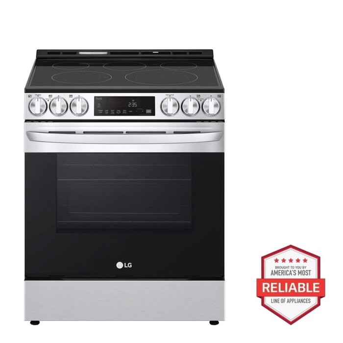 LG LG 30-in Glass Top 5 burners 6.3-cu ft Air Fry Convection Oven Slide-In Electric Range ( PrintProof Stainless Steel ) Model# LSEL6333F