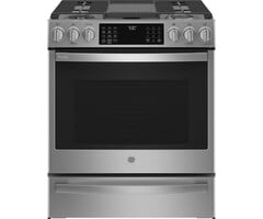 GE Profile GE Profile (DS)  30-in 5 burners 5.6-cu ft Air Fry Convection Oven Slide-In Natural Gas Range ( Fingerprint Resistant Stainless Steel )   Model# PGS930YPFS