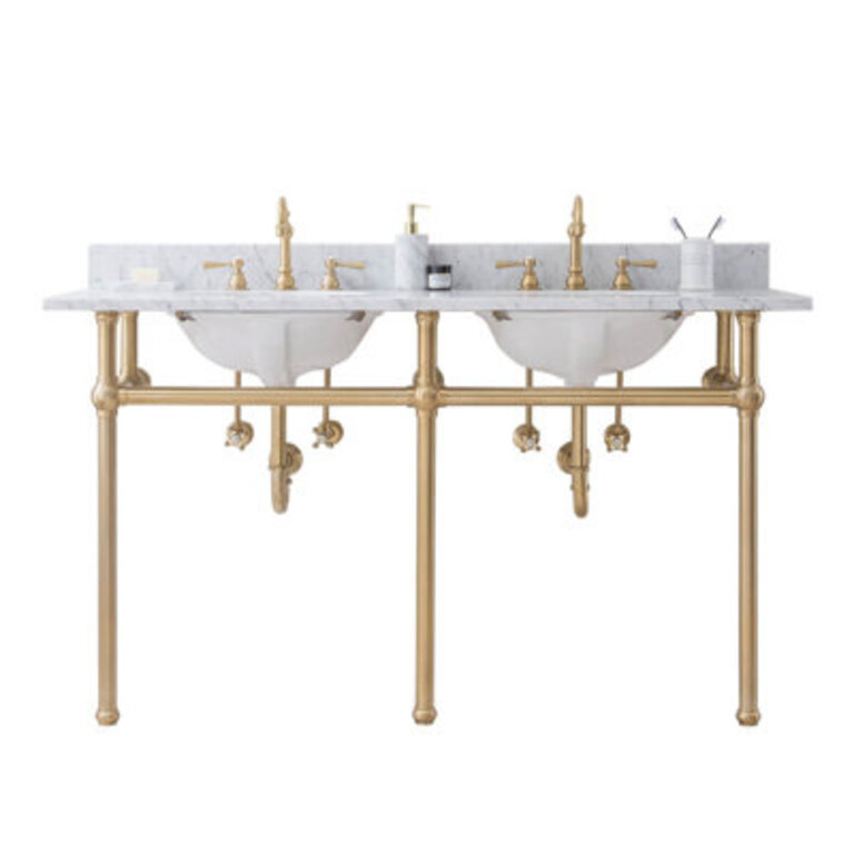 Copeland 33" Tall Stone Oval Console Bathroom Sink with Faucet and Overflow Faucet Finish: Satin Brass