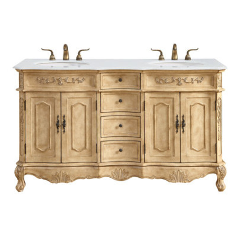 Sandrine 60" Double Bathroom Vanity Set Base Finish Antique Beige, Top