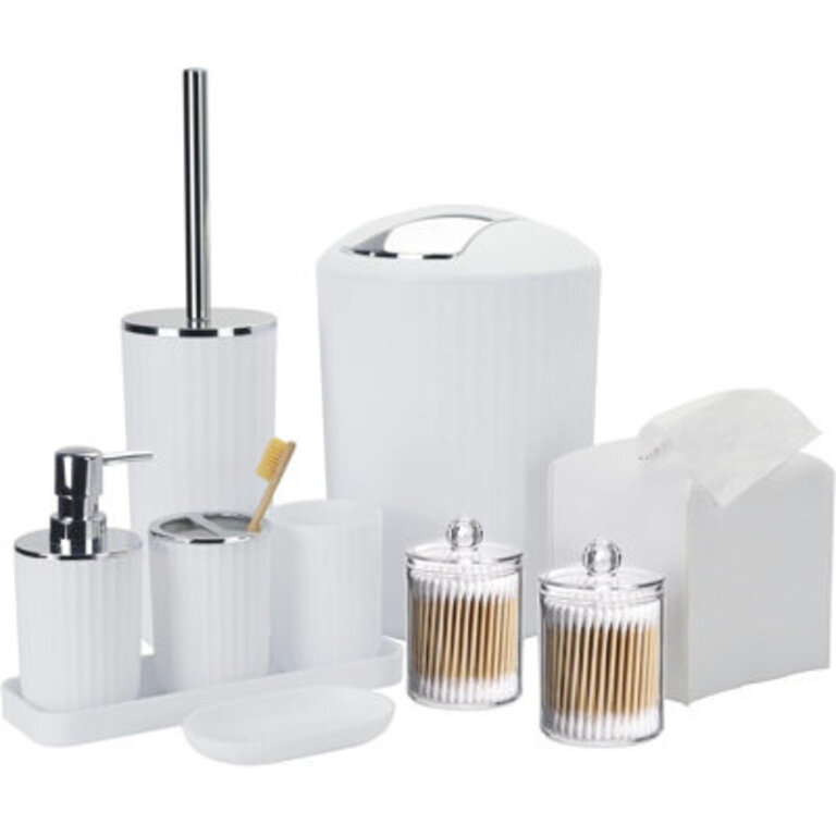 Bathroom Accessory Set - 10 Piece White Bathroom Accessories Set With Trash Can, Toothbrush Holder And Cup, Soap Dispenser, Soap Dish, Toilet Brush Holder, Vanity Tray, Qtip Holder, Tissue Box Cover Finish: White