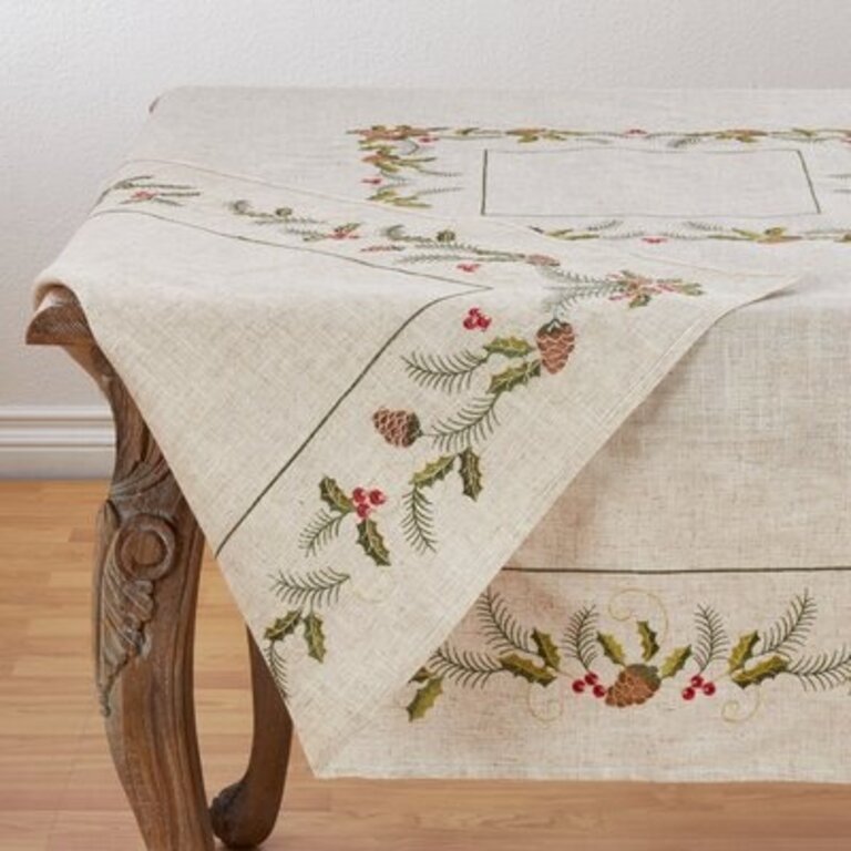 Joyeuses Fetes Pinecone and Holly Table Cloth Size: 104" L x 67" W