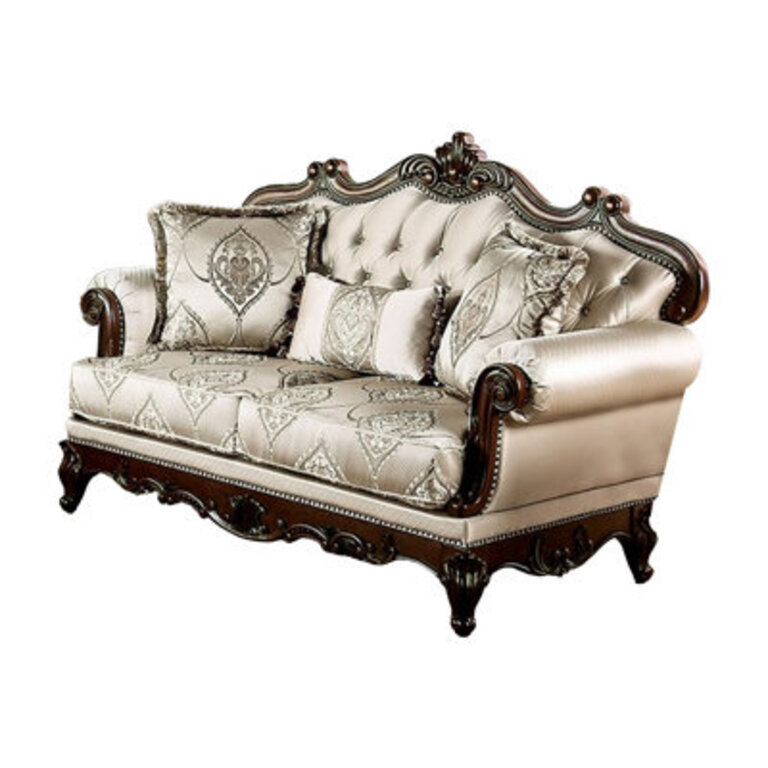 Vera Loveseat, Tufted Beige, Rolled Arms, Solid Wood, 70 Inch