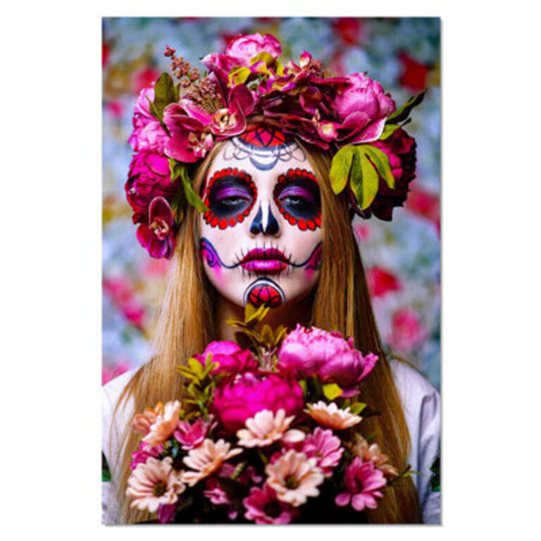 Day Of The Dead Pink Bouquet Sugar Skull Woman, Framed Acrylic Wall Art Size: 36" H x 24" W x 2" D