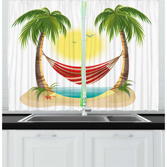 2 Piece Graphic Beach Holiday Leisure Cartoon with Calming Hammock Between Palm Trees Tropic Island Kitchen Curtain Set