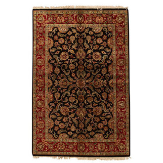 Oriental Hand-Knotted Rectangle Wool Area Rug in Black/Gold/Red