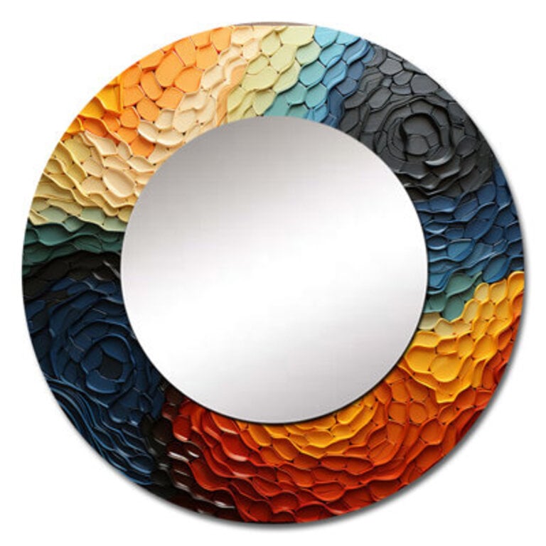 Teal Orange Op Art Rhythmic Illusion I - Abstract Spirals Round Mirror For Wall Decor Size: 23" x 23"