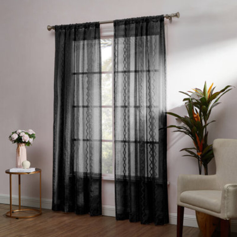 Haldeman Geometric Semi-Sheer Rod Pocket Curtain Panel Curtain Color: Black, Size per Panel: 52" W x 84" L