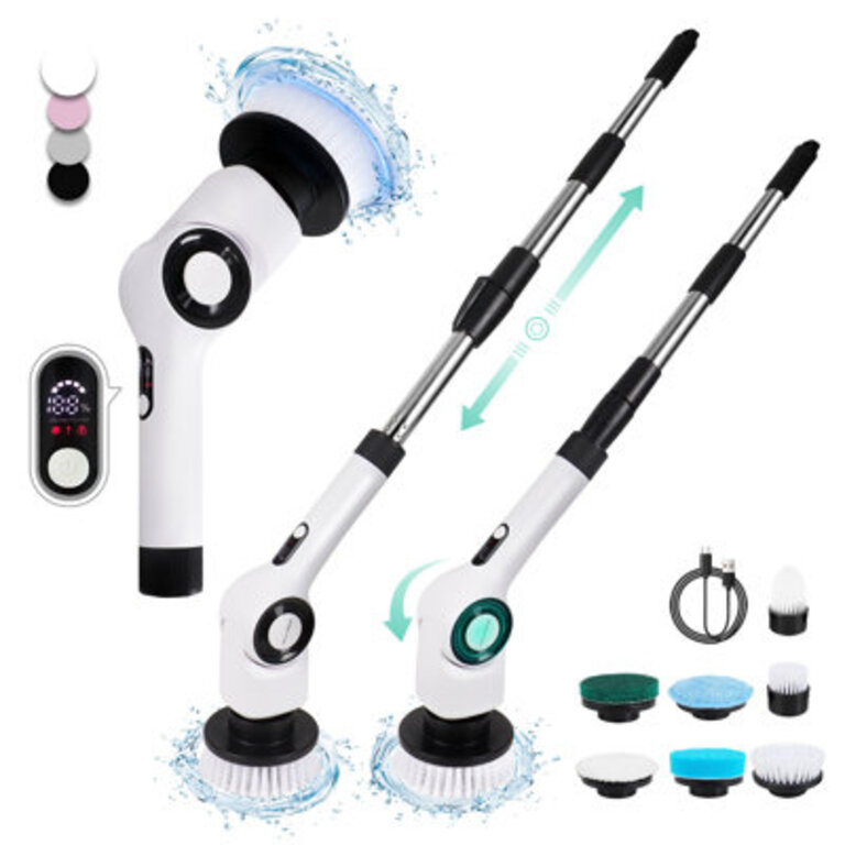 Electric Spin Scrubber, Adjustable Angle 2024 Newest Cordless Cleaning Brush, IPX7 Waterproof Bathroom Scrubber with 7 Replaceable Brush Heads, Power Scrubber for Bathroom Floor Tub Tile Color: White