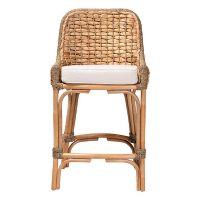 Kyle Modern Bohemian Natural Brown Woven Rattan Counter Stool With Cushion
