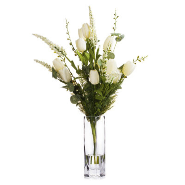 Mixed Silk Tulip Flower In Clear Glass Vase With Faux Water Flower Color: Cream