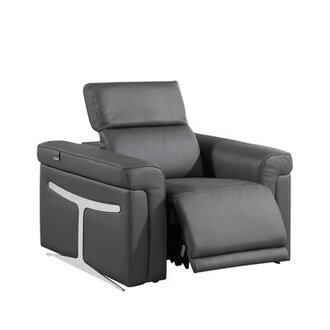 TOP GRAIN ITALIAN LEATHER 5-POWER RECLINING SOFA SET WITH POWER HEADREST Leg Color: Chrome, Upholstery Color: Dark Gray