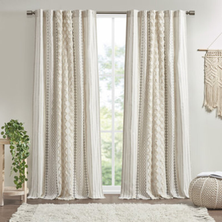 Imani Cotton Printed Curtain Panel with Chenille Stripe and Lining Curtain Color: Ivory, Size per Panel: 50" W x 84" L