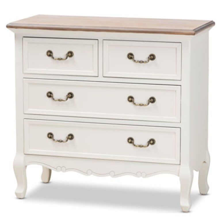 Alivia Antique French Country Cottage Two-Tone White And Oak Finished 4-Drawer Accent Bachelor's Chest