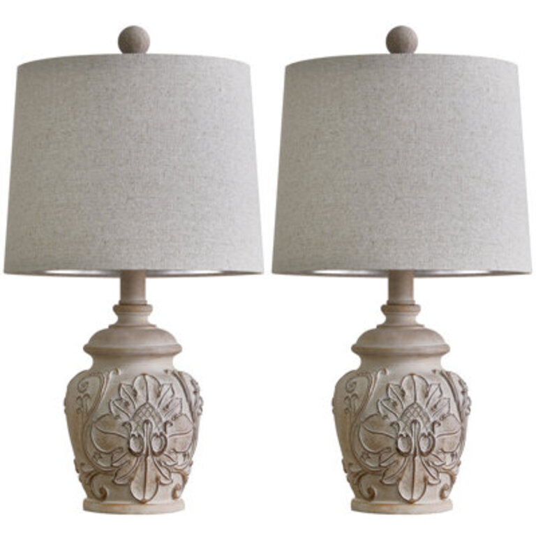 Dolans 18.75＂light brown retro country carved floral living room bedroom bedside lamp