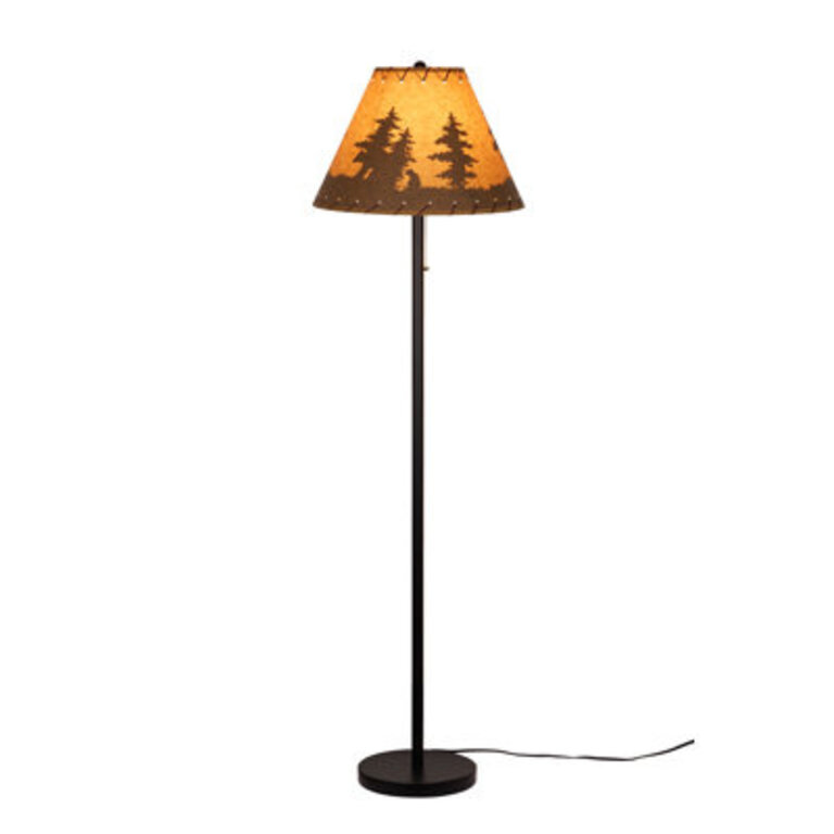 58" Lodge Floor Lamp, Printed Pattern on Oil Paper Shade, Rope Stitched Trim, Pull Switch