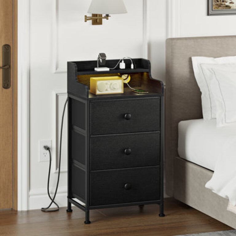 Nightstand With 3 Drawers & 2-Tier Open Shelf, Bedside Table With LED&  2 USB Ports, Stable Metal Frame Color: Black/Brown