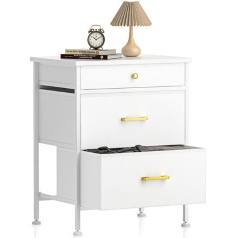 Pinardi Nightstand with 3 Drawers, Small Dresser, Night Stand with 3 Fabric Drawers Color: White