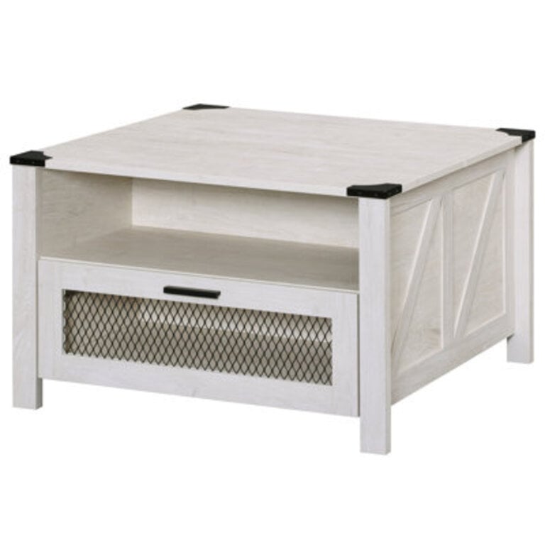 Coffee Table For Living Room,Drawer Coffee Table With Storage,Square Accent Furniture With 2 Compartments Open Shelf,Antique White