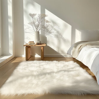 Haja Fluffy Faux Sheepskin Fur Shag Area Rug in White